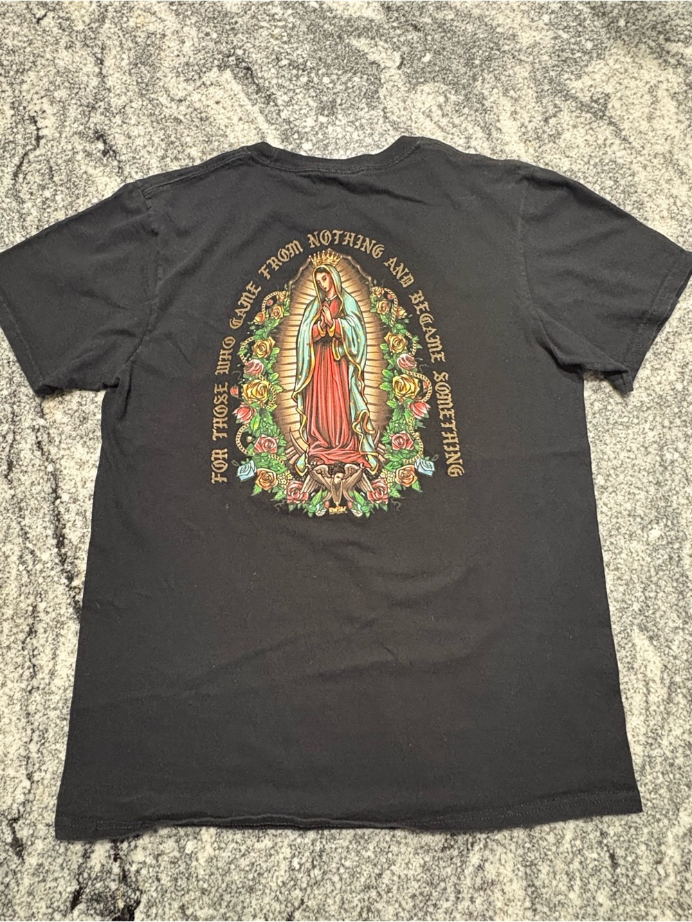 GK Black Short-Sleeve Tee with Gold Logo and Red Rose